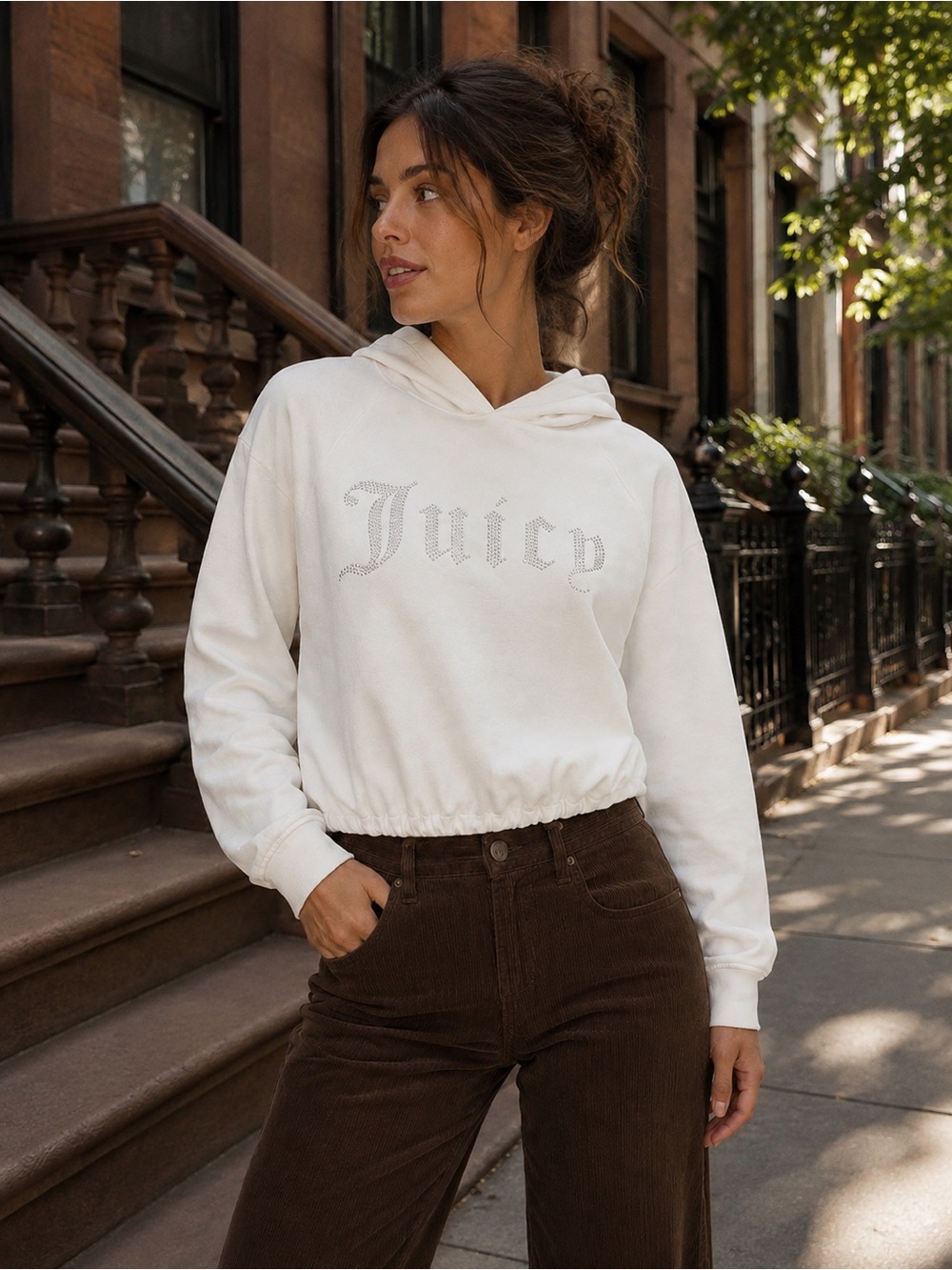 Juicy Couture OG Big Bling Logo Cropped Hoodie Cloud Dancer White M NWT
